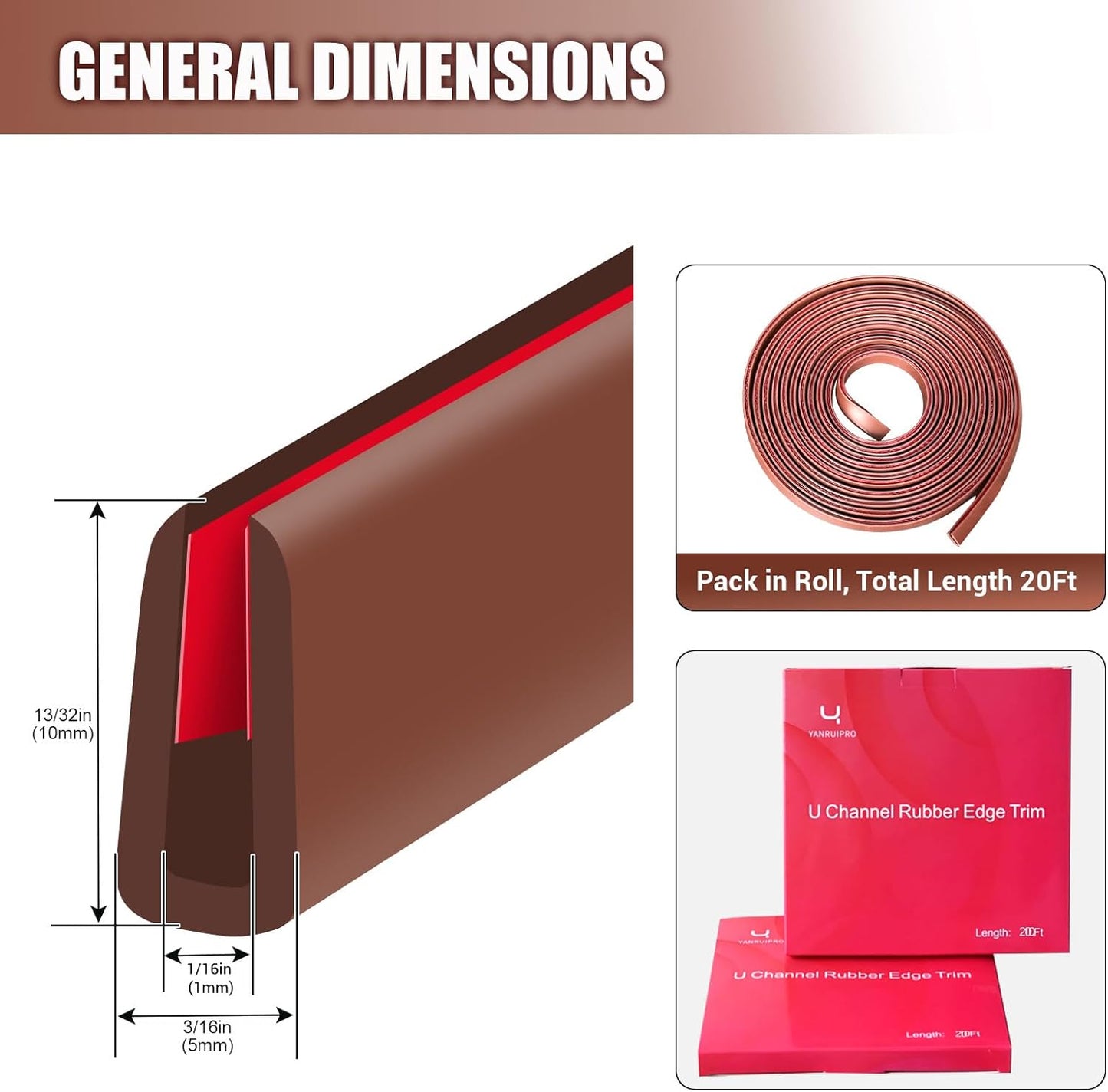 Rubber Edge Trim, Flexible Edge Trim for Sharp Edge, 1/16" U Channel Edge Protector, Self Adhesive Edge Guards for Car Doors and Sheet Metal Parts, 20Ft, Brown Color