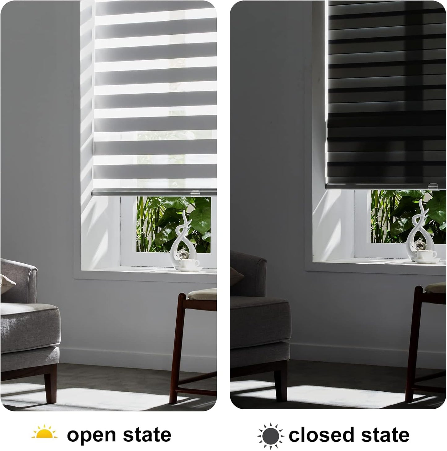 Persilux Cordless Zebra Blinds for Windows Free-Stop Roller Shades (33" W X 64" H, Grey) Dual Layer Light Cintrol for Day and Night, Light Filtering Sheer Shades for Home, Easy to Install