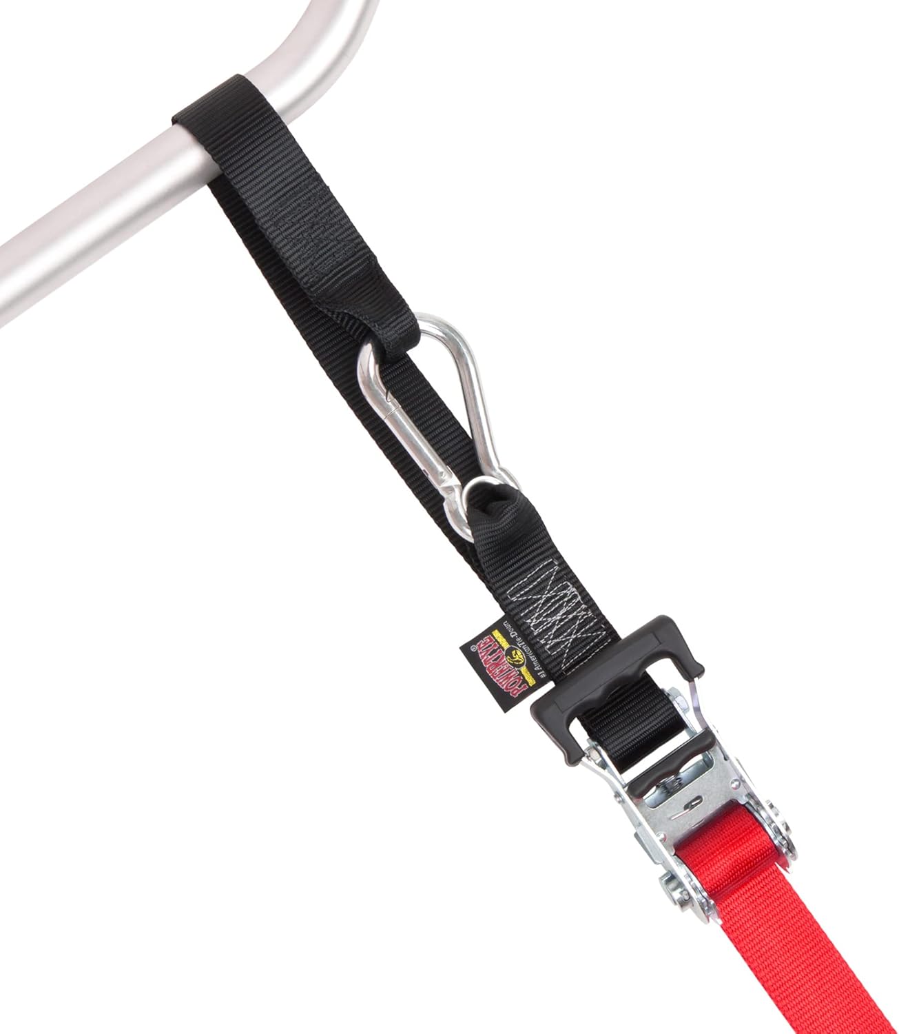 PowerTye - Made in USA - Heavy Duty Ratchet Tie Down Straps with Carabiner Hooks, Soft-Tye & Storage Bag, for Motorcycle, ATV, Trailer & Cargo, 1,000 lb WLL, 1.5 inch x 6.5ft Long, Red/Black (Pair)