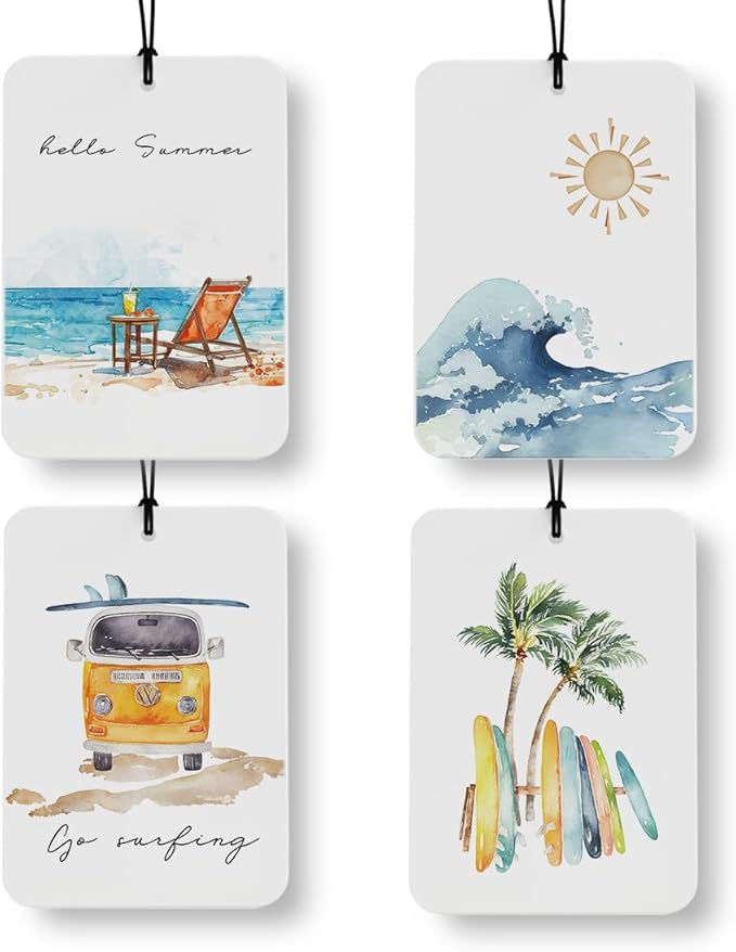 Boho Coastal Beach Car Air Freshener 4 Pcs, Retro Summer Sun Wave Surfboard Beachy Air Freshener Hanging Decor for Cars Closet Drawer Books Accessories Gifts