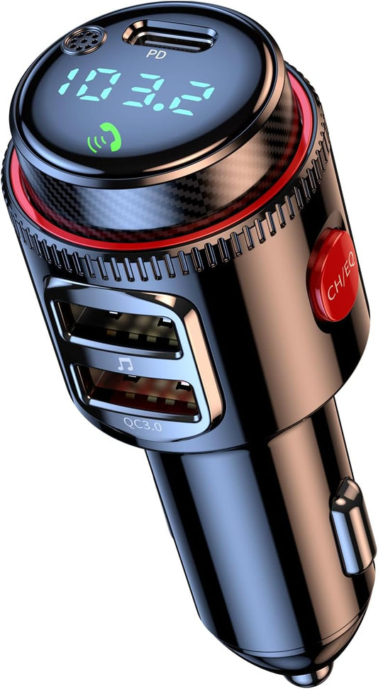 Bluetooth Car Adapter, Wireless AUX FM Transmitter, USB C&QC3.0 Dual Fast Charging, Cigarette Lighter Radio Music, Supports Hands-Free Siri Google Assistant & USB Drive, HiFi Bass Sound
