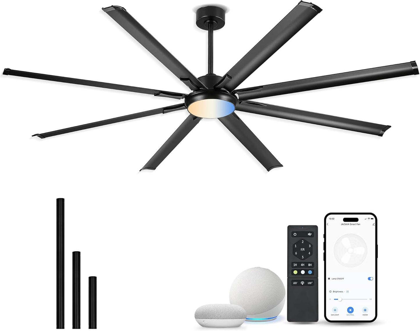 84 Inch Industrial Ceiling Fan with Light,Large Ceiling Fan with 8 Aluminum Blades,Work with Alexa,6-Speed Reversible DC Motor,3 CCT Settings,deal for Outdoor Spaces,CF04BK-84