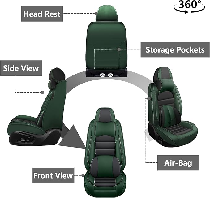 Car Seat Covers for GMC Sierra 1500/2500/3500 Denali SLT AT4 AT4X Base Seat Covers 2008-2025, Waterproof Premium Nappa Leather Seat Protectors(Luxury 2 Seats/Black&Green)