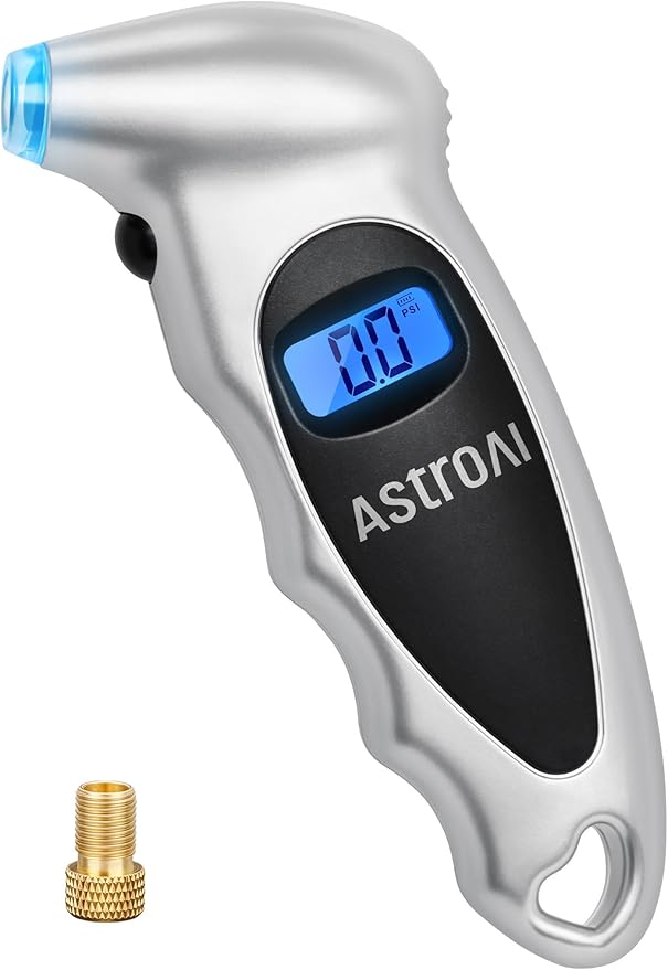 AstroAI Digital Tire Pressure Gauge 0-150PSI, Accurate in 0.1 Increments, Backlit LCD and Presta Valve Adaptor Included, 4 Units of Measurement for Car Truck Bicycle, Silver