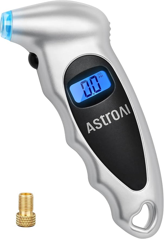 AstroAI Digital Tire Pressure Gauge 0-150PSI, Accurate in 0.1 Increments, Backlit LCD and Presta Valve Adaptor Included, 4 Units of Measurement for Car Truck Bicycle, Silver