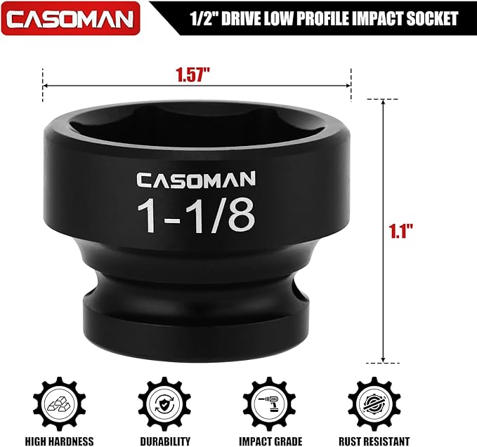 CASOMAN 1/2" Drive 1-1/8" Stubby Impact Socket Set, 6-Point, 1.1" Length, CR-MO, SAE