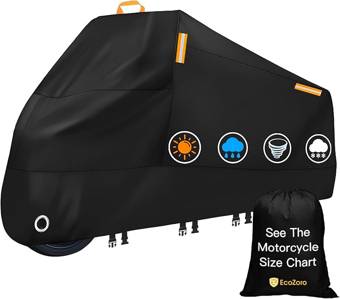 300D Heavy Duty Motorcycle Cover - All Season Waterproof Outdoor Protection with Lock-Holes, Night Reflective & Storage Bag Fits up to 108" Cruiser, Touring, Sportbike, Dirt Bike, Scooter