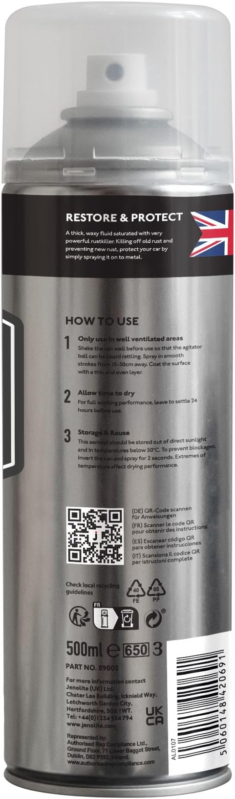 JENOLITE Waxoil Rust Prevention Aerosol, Car/Bike/Motorcycle Corrosion Protection Spray 500ml (16.9 fl oz)