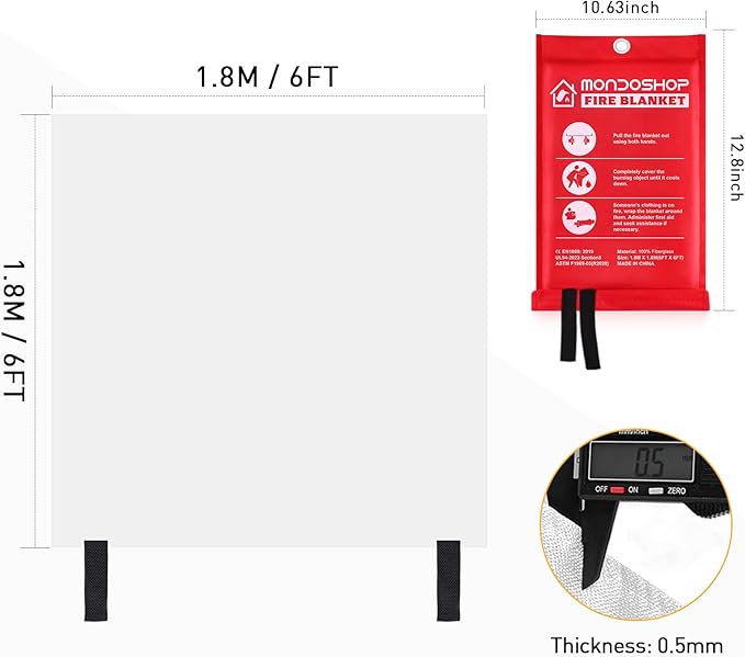 Mondoshop Fire Blanket Emergency for Home and Kitchen - 2 Pack 72"x72" Fire Blankets Fire Resistant Blanket for Camping, Grill, Car, Office, Warehouse, School, Picnic, Garages, Workshops