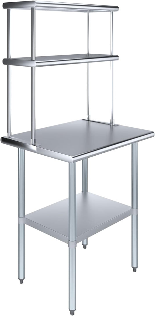 Amgood Stainless Steel Work Table Double Tier Overshelf | Metal Kitchen Prep Table & Shelving Combo (24" x 30" Work Table + 12" Overshelf)