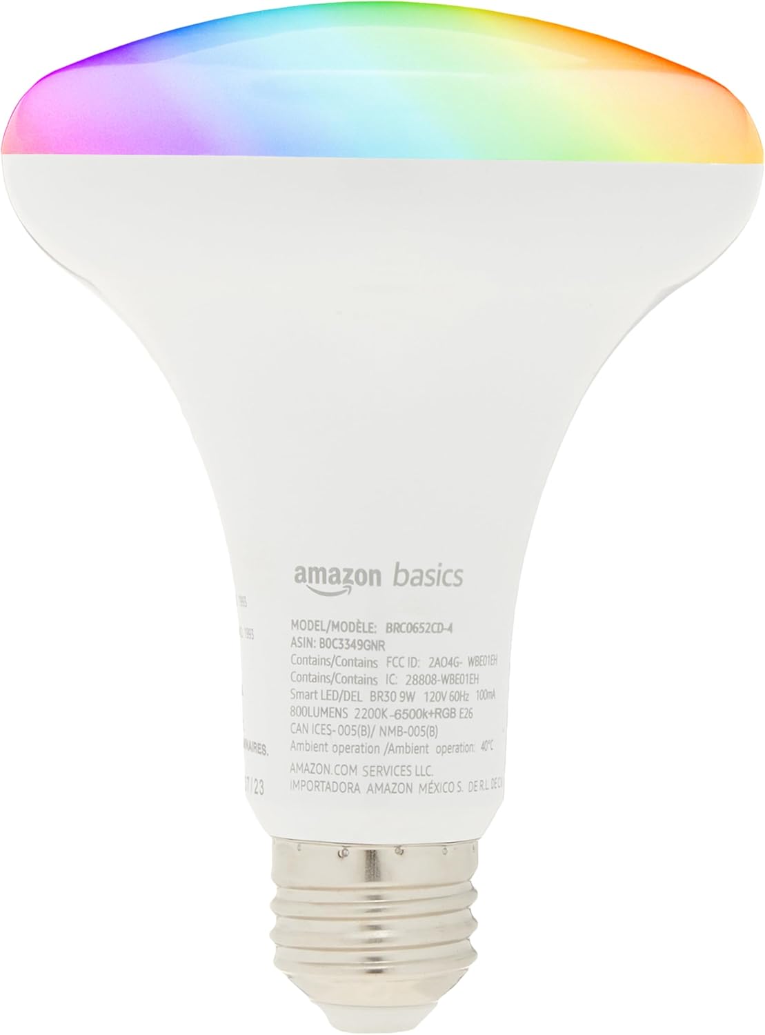 Amazon Basics Smart BR30 LED Light Bulb, Color Changing, 9W (60W Equivalent), 800LM, Works with Alexa Only, 2.4 GHz Wi-Fi, No Hub Required, 4 Pack