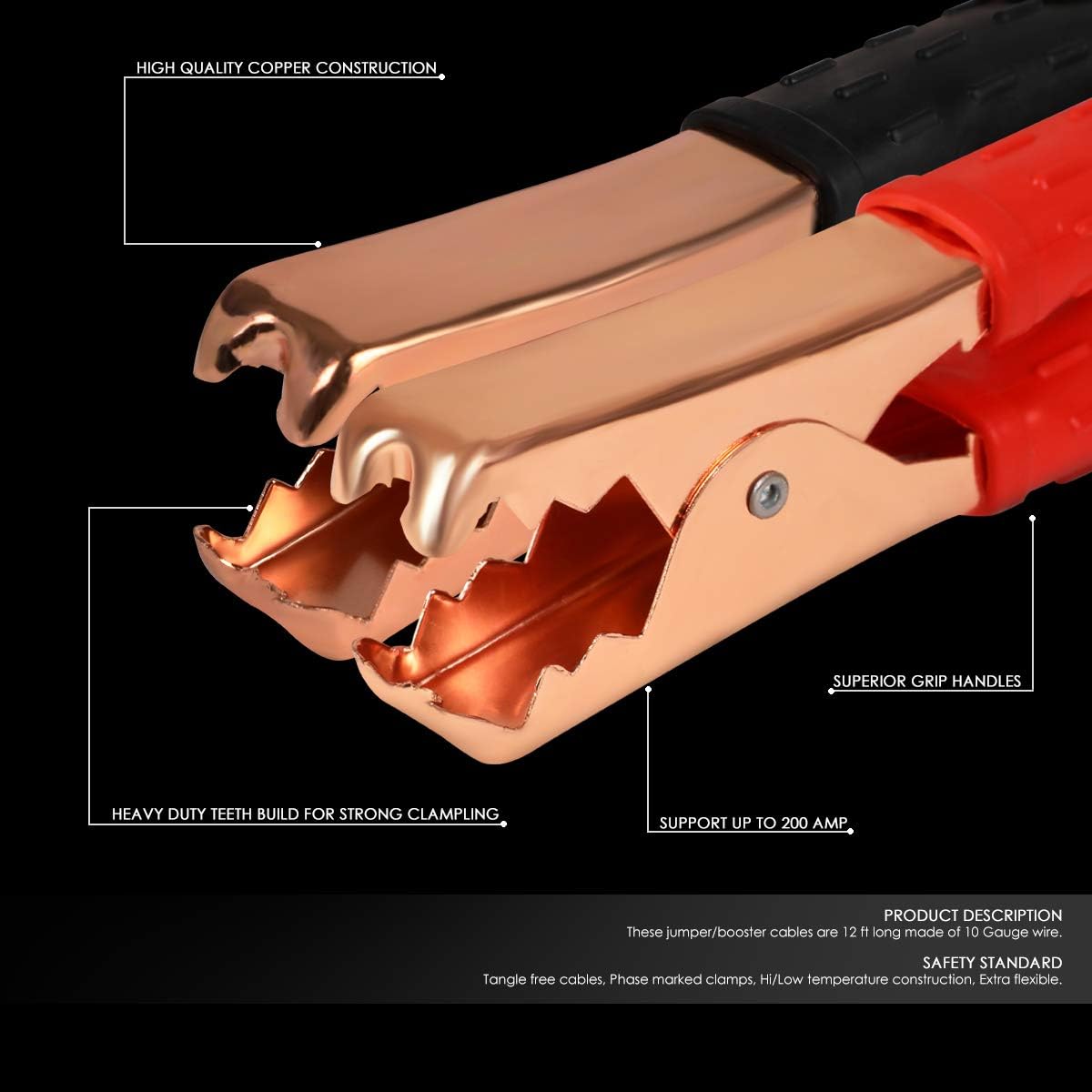 Auto Dynasty Heavy Duty 12Ft 10Gauge Booster Cables Power Jumper 200AMP Emergency Battery Start Car/Motorcycle