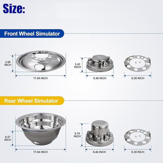 Set of 4 16inch Stainless Steel Dually Wheel Simulators, 8 Lug 4 Hand Hole Hubcaps Cover Fit for 74-00 Chevy GMC 3500, 74-98 Ford F350, 08-21 Ford E350/E450 Van, 74-99 Dodge Ram 3500