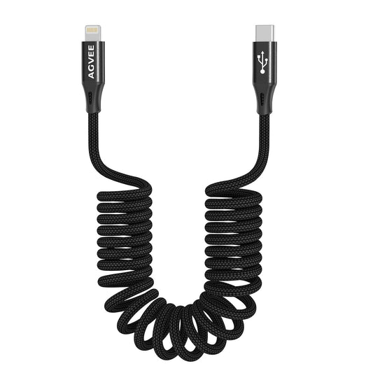 AGVEE 2 Pack 3ft Coiled Short USB-C to Lightning Charging Cable [MFI Certified] 30W PD Fast Charger Cord in Car for iPhone 14/13/12/11/XS/8/7/6/5 CarPlay, iPad, iPod, Black