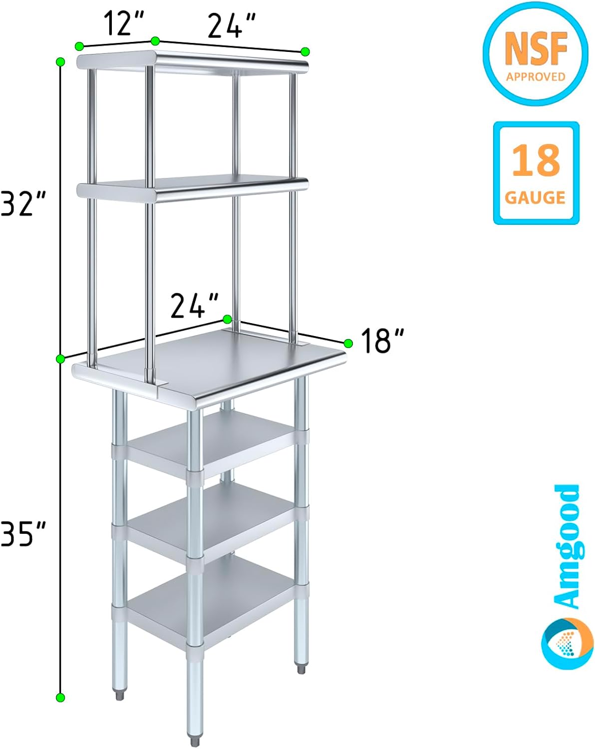 Amgood 18" x 24" Stainless Steel Work Table with 3 Shelves and 12" Wide Double Tier Overshelf | Metal Kitchen Prep Table & Shelving Combo | NSF