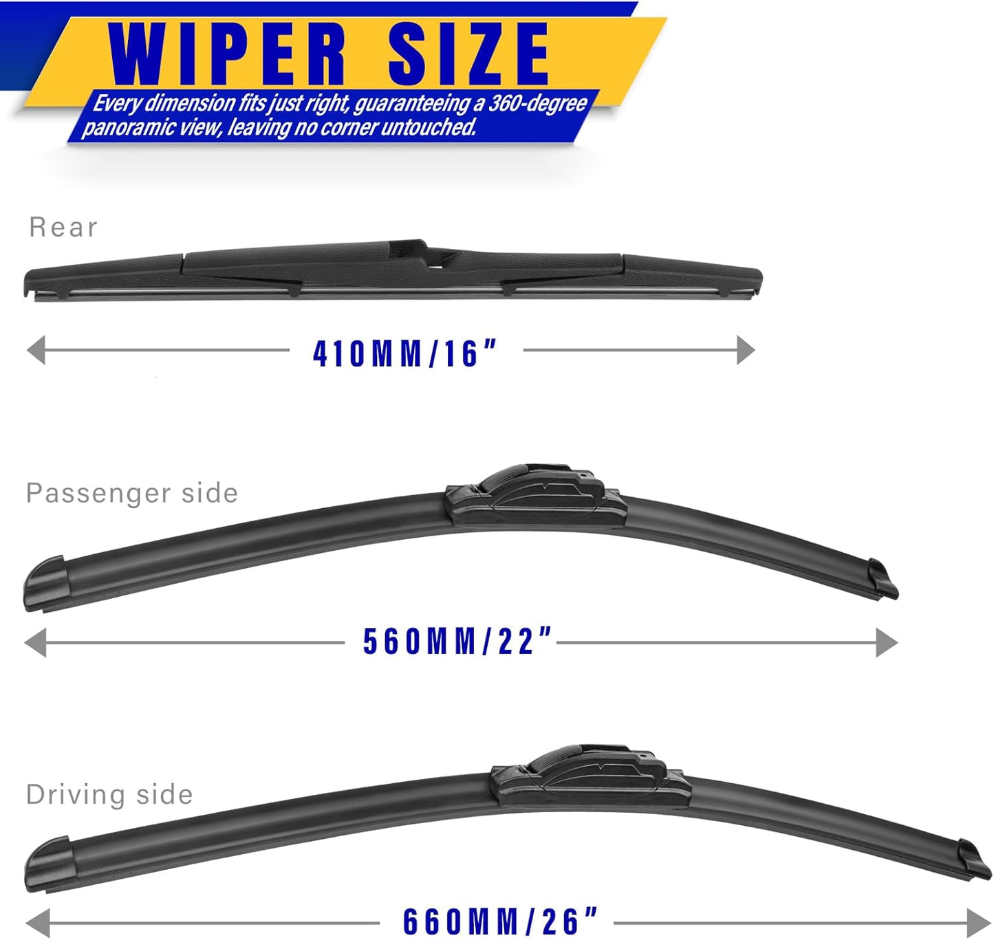 3 wipers Replacement for 2010-2015 Lexus RX450h/2010-2015 Lexus RX350, Windshield Wiper Blades Original Equipment Replacement - 26"/22"/16" (Set of 3) U/J HOOK