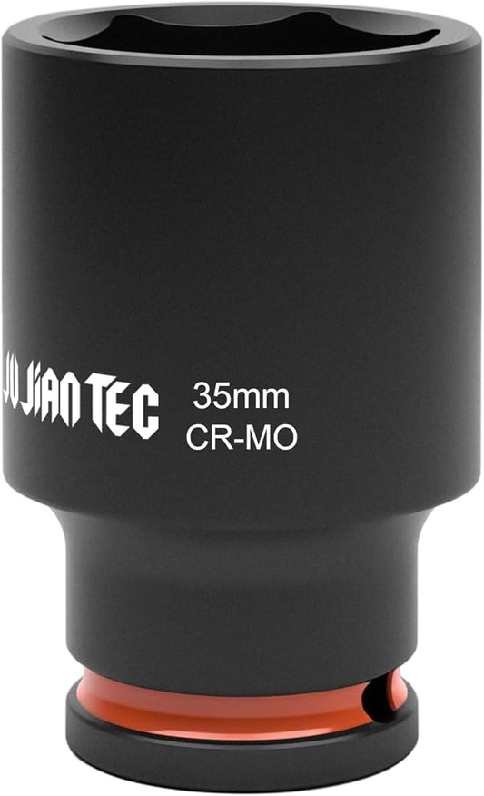1/2 Inch Drive - 35mm Deep Impact Socket with Anti-Rounding 6 Point Design, Heat-Treated Cr-Mo Steel, Automotive, Truck Maintenance, Heavy Equipment Repair