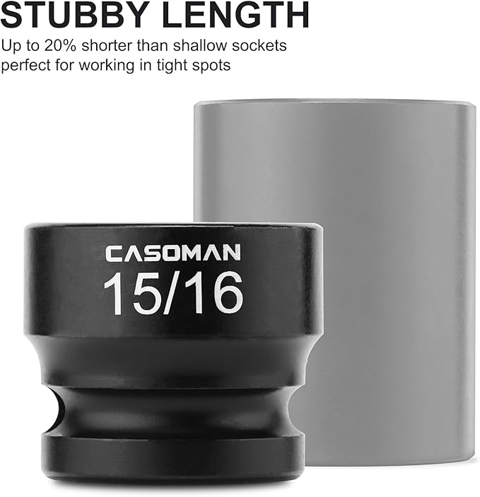 CASOMAN 1/2" Drive 15/16" Stubby Impact Socket Set, 6-Point, 1.1" Length, CR-MO, SAE
