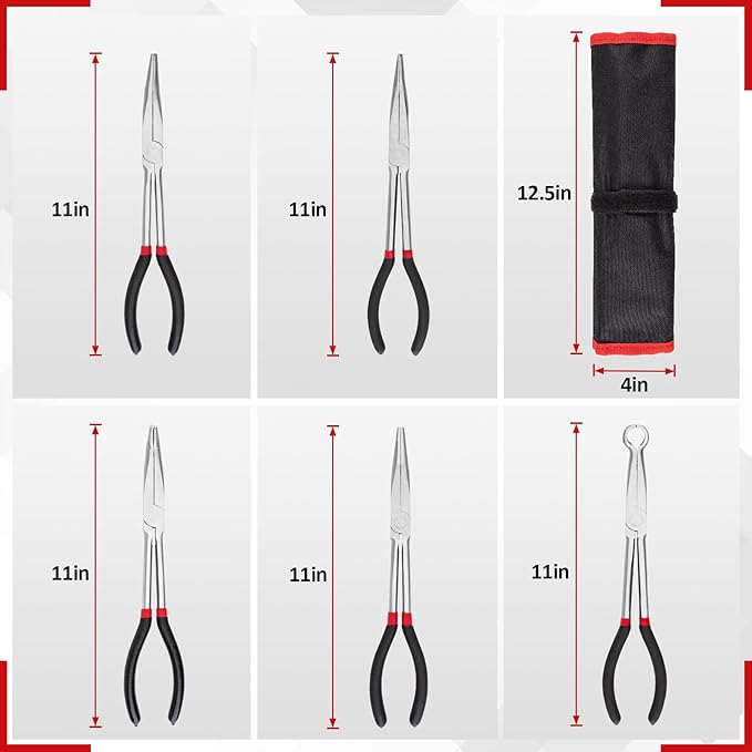 5Pcs Bent Nose Pliers 11 Inch Extra Long Needle Nose Pliers Set, Straight, 25°/45°/90° Bent, Circle Nose for Narrow Spaces, Hard to Reach Areas & Precision Work