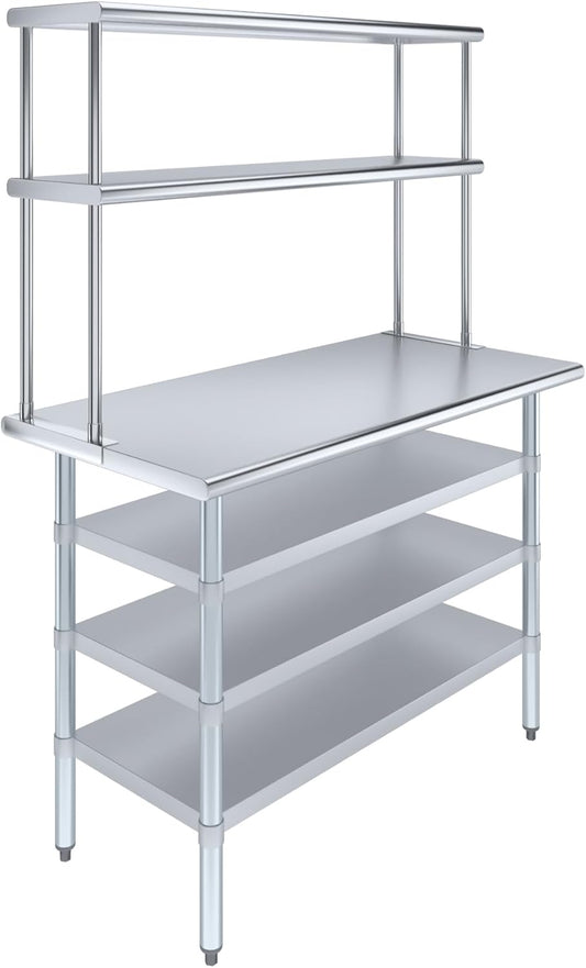 Amgood (24" x 48" Stainless Steel Work Table with 3 Shelves and 12" Wide Double Tier Overshelf | Metal Kitchen Prep Table & Shelving Combo | NSF