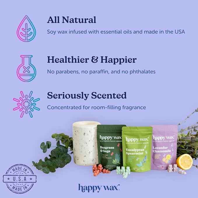 Happy Wax Clean Mix Collection Scented Natural Soy Wax Melts – 6 Total Oz. of Scented Wax Melts, Collection Includes Eucalyptus Spearmint, Lemon Verbena, and Calming Lavender