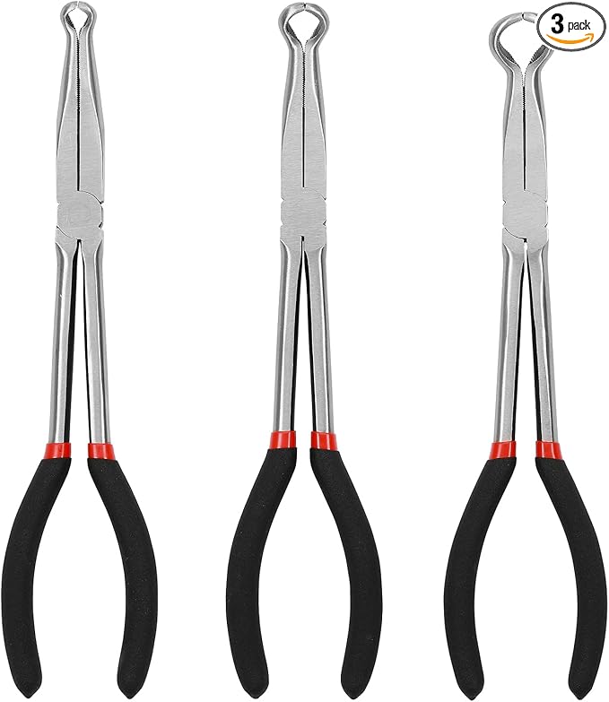 Mayouko 3PCS 11" Long Reach Hose Grip Pliers Set, 5/16 Inch, 1/2 Inch, 3/4 Inch Ring Nose Hose Gripper Pliers Kit, Carbon Steel Offset Spark Plug Boot Removal Pliers for Narrow Space