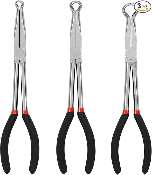 Mayouko 3PCS 11" Long Reach Hose Grip Pliers Set, 5/16 Inch, 1/2 Inch, 3/4 Inch Ring Nose Hose Gripper Pliers Kit, Carbon Steel Offset Spark Plug Boot Removal Pliers for Narrow Space