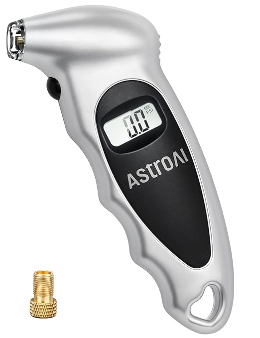 AstroAI Digital Tire Pressure Gauge 0-150PSI, Accurate in 0.1 Increments, Tire Gauge with Backlit LCD and Presta Valve Adaptor, 4 Units of Measurement for Car Truck Bicycle, Sliver