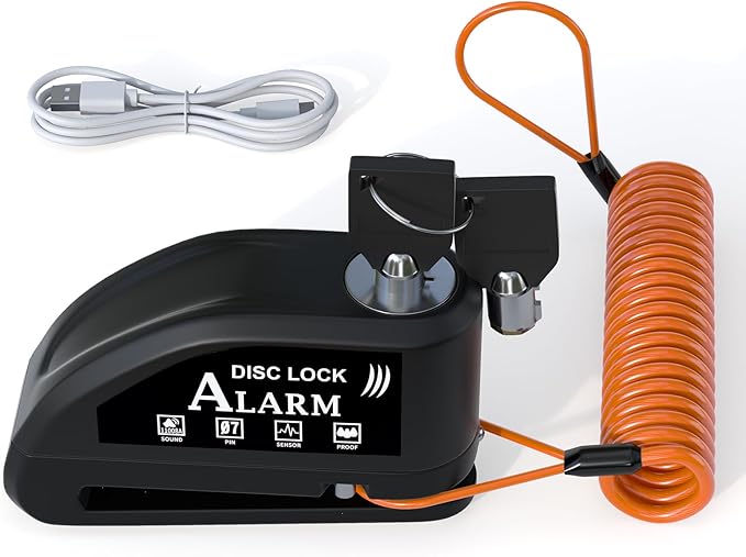 Motorcycle Lock Rechargeable, Alarm Disc Brake Lock with Reminder Cable, 110 dB Alarm Sound, Anti-Theft Waterproof, 2 H Fast-Charging, 9 Months Standby, 7 mm Lock Pin Universal for Bikes