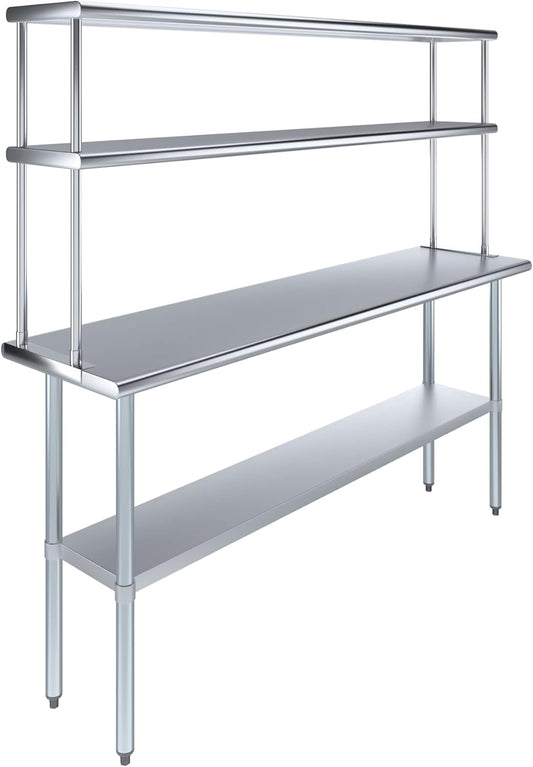 Amgood Stainless Steel Work Table Double Tier Overshelf | Metal Kitchen Prep Table & Shelving Combo (18" x 72" Work Table + 12" Overshelf)