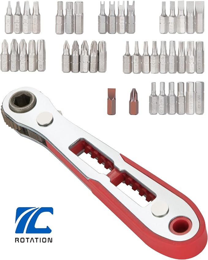 ROTATION 44pc Bit Set with 1/4 Mini Ratchet Offset Screwdriver, Portable Case, CR-V Steel, Drive Handle & Multi Hex/Phillips/Slotted/Torx/Star Bit