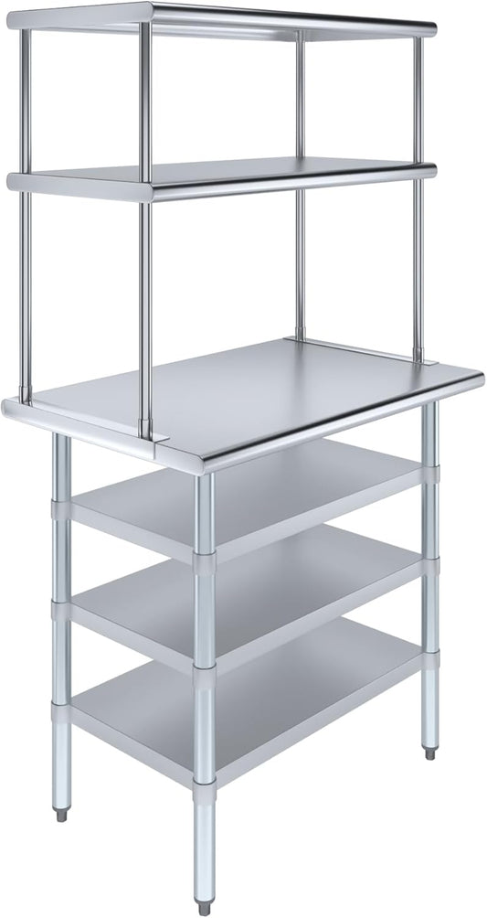 Amgood 24" x 36" Stainless Steel Work Table with 3 Shelves and 18" Wide Double Tier Overshelf | Metal Kitchen Prep Table & Shelving Combo | NSF