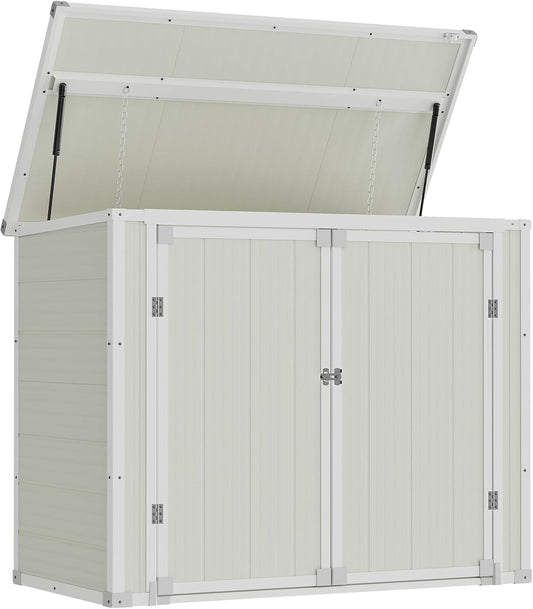 Amopatio 41 Cu Ft Outdoor Storage Shed, Horizontal Resin Trash Can Storage, Weather Resistance, Storage Box with Floor Included for Garden Tools, Lawn Mowers, Garbage Cans, Patio Use, Sandstone