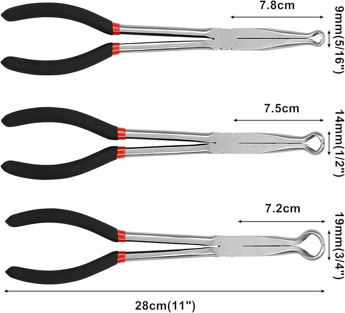 Mayouko 3PCS 11" Long Reach Hose Grip Pliers Set, 5/16 Inch, 1/2 Inch, 3/4 Inch Ring Nose Hose Gripper Pliers Kit, Carbon Steel Offset Spark Plug Boot Removal Pliers for Narrow Space