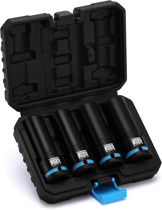 4-Piece 1/2" Drive Lug Nut Impact Socket Set, Non-Marring Thin Wall Wheel Protector Socket，CR-MO, Metric 17.5, 19.5, 21.5, 22.5mm