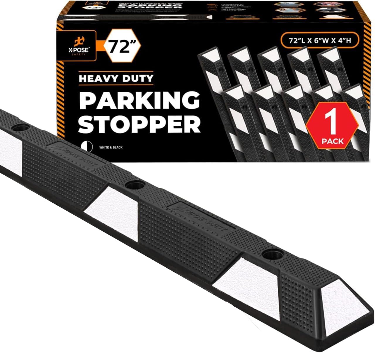 Xpose Safety 72" Heavy Duty Rubber Parking Stopper – 1 Pack Wheel Blocks for Garage, Driveway, or Ramp – Car Bumper Stop with White Reflective Strips – Removable Floor Mount