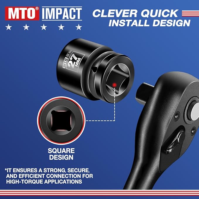 MTO 1/2" Drive 27mm Shallow Impact Socket, 6-Point Metric Socket, CR-MO Steel & Anti-Corrosion Coating for Tight Spaces and Heavy-Duty Tasks