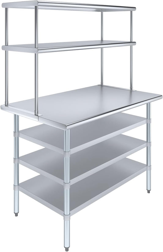 Amgood 30" x 48" Stainless Steel Work Table with 3 Shelves and 18" Wide Double Tier Overshelf | Metal Kitchen Prep Table & Shelving Combo | NSF
