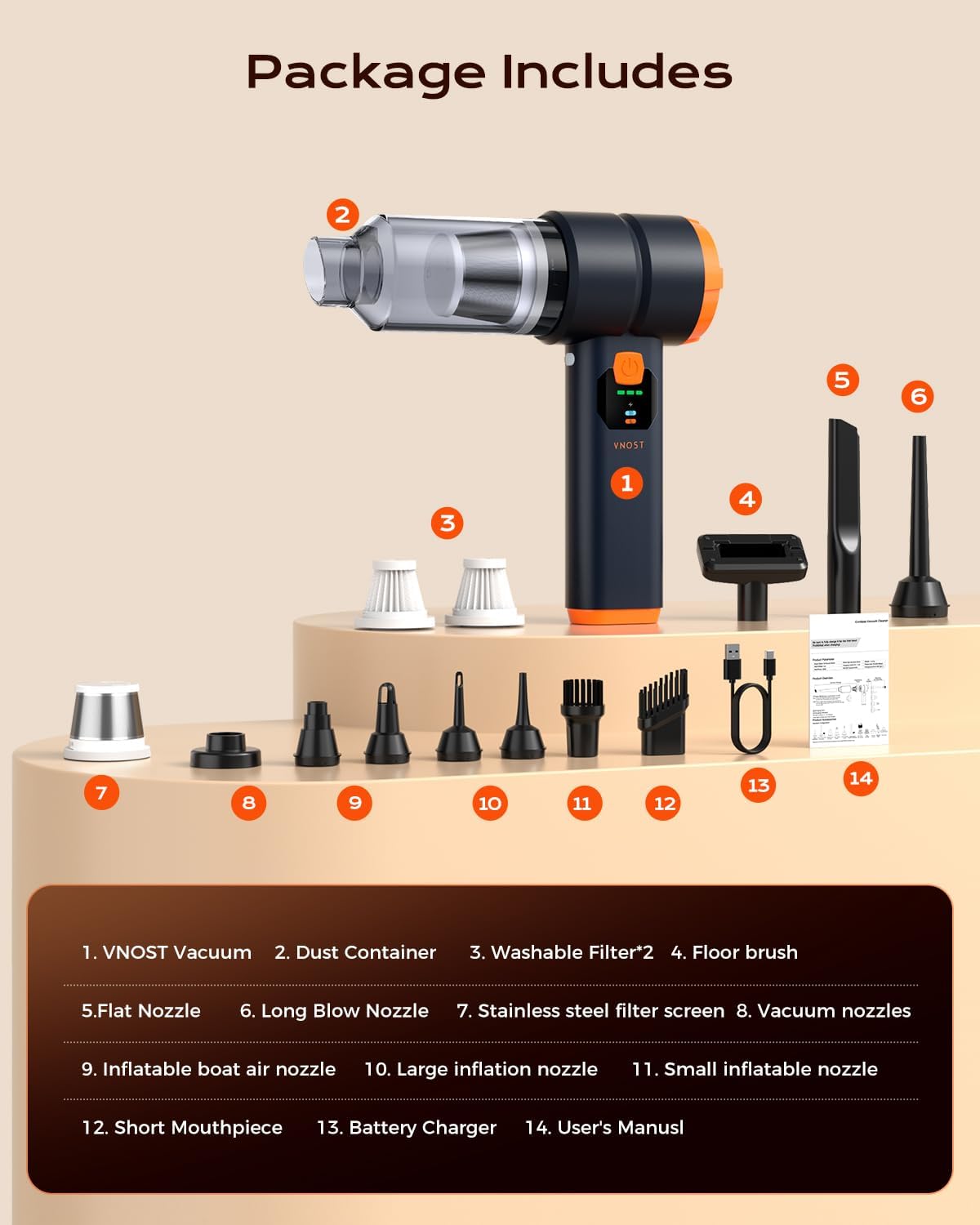 Car Vacuum Portable Cordless, Handheld Vacuum Cordless with 30000PA Suction, 130000RPM, 6800mAh Battery, 10 Nozzles, Rubber Paint Material for Car, Home, Pet Cleaning（Black Orange）