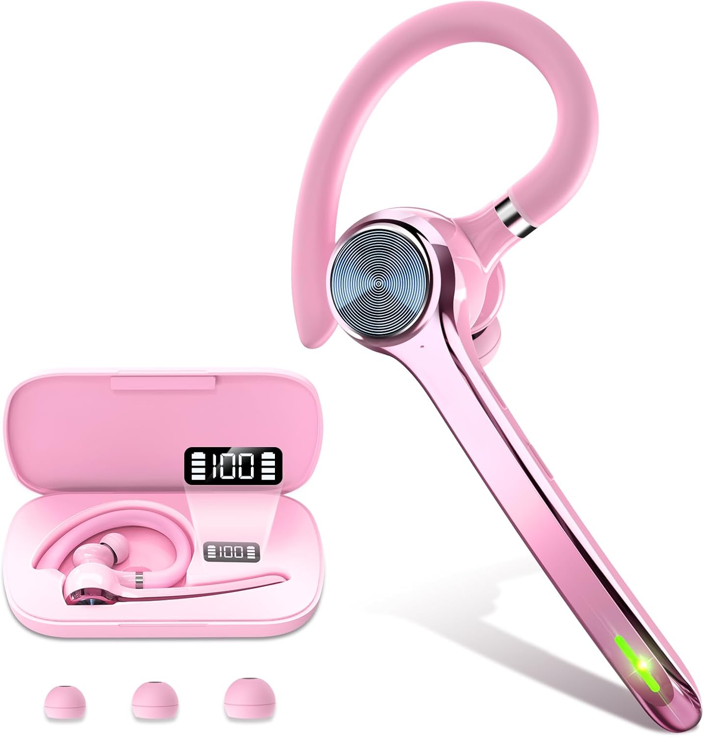 Bluetooth Headset, Wireless Bluetooth Earpiece with 500mAh Charging Case 72 Hours Talking Time Built-in Microphone for iOS Android Cell Phone, V5.1 Hand-Free Headphones for Trucker, Office-Pink