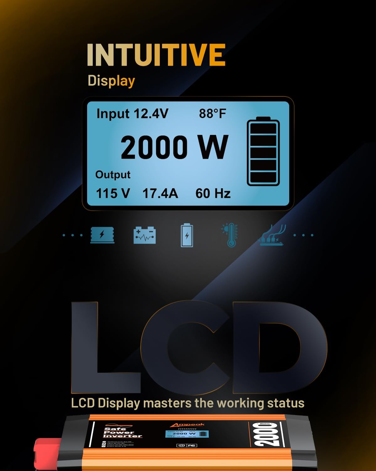 Ampeak 2000W Pure Sine Wave Inverter 12V DC to 120V AC LCD Display Power Inverter 17 Protections 3AC Outlets Dual 5V/3.1A USB Ports for Emergency Backup