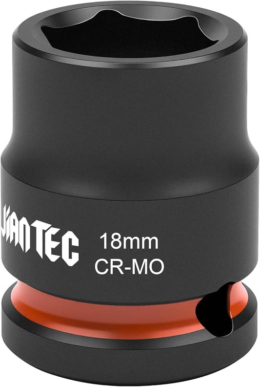 1/2 Inch Drive - 18mm Shallow Impact Socket with Anti-Rounding 6 Point Design, Heat-Treated Cr-Mo Steel, Automotive, Truck Maintenance, Heavy Equipment Repair