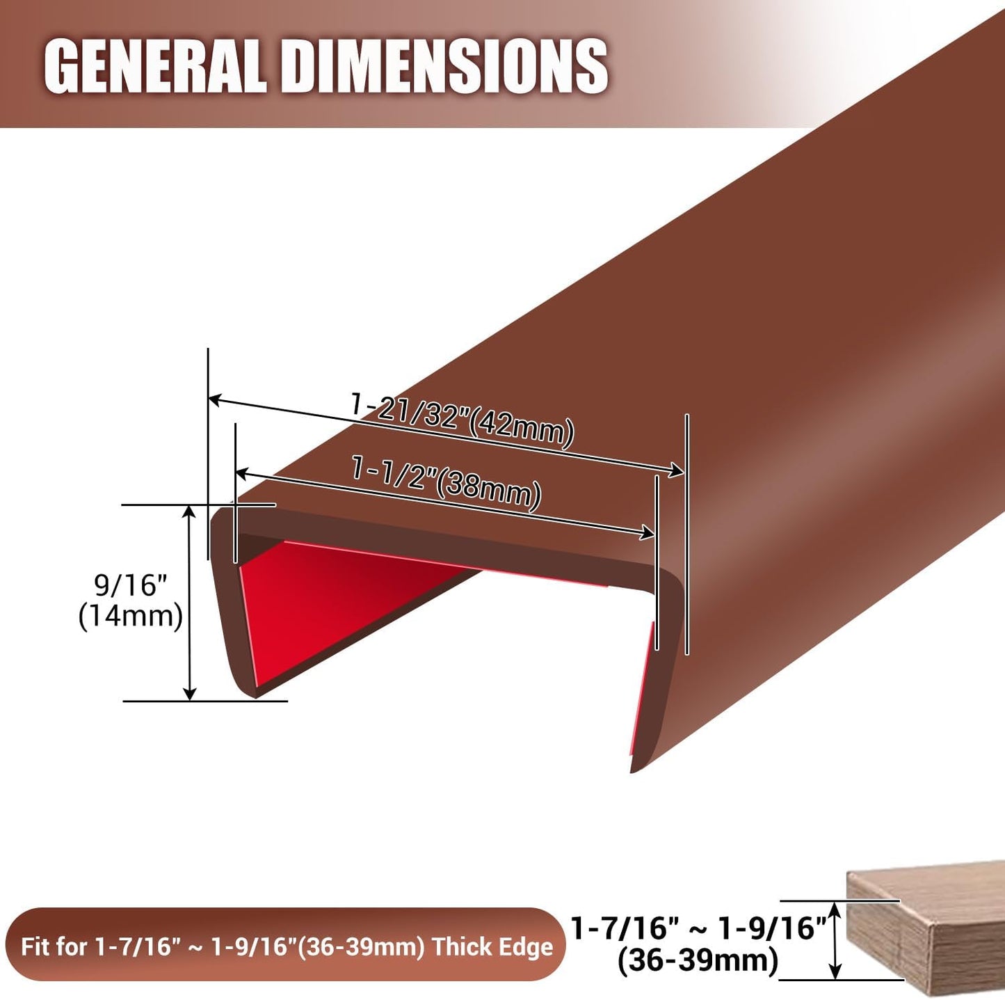 Rubber Edge Trim, Flexible Self Adhesive U Shaped Peel and Stick Edge Banding, 1-1/2"(38mm) U Channel Edge Protector, Edge Guards for Woods, Furniture, 20Ft, Brown Color