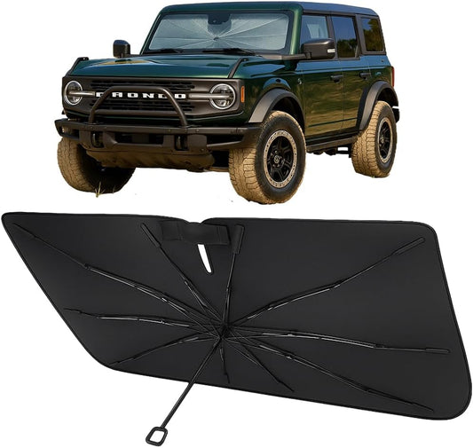 Proadsy Windshield Sun Shade Umbrella for Ford Bronco 2021-2025 2026 Foldable Car Umbrella Sunshade with Soft TPU Handle Spring Structure Crystal Cooling Material Protect Car from Rays & Heat