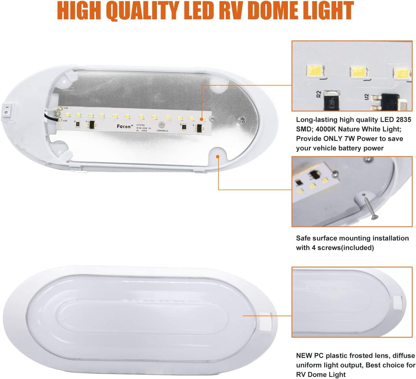 Facon Dual-Tone 12Volts Bright RV LED Interior Light with Switch, 3000K/4000K Smart Lighting Upgrade for RVs, Campers, Boats, cETL Certified