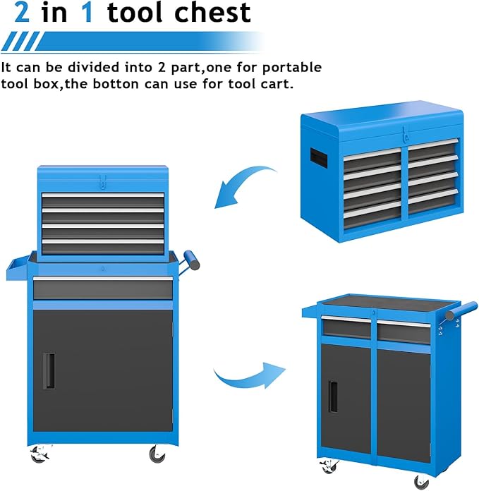 5-Drawer Rolling Metal Tool Storage Cabinet with Detachable Top Tool Box, for Garage Workshop - Blue