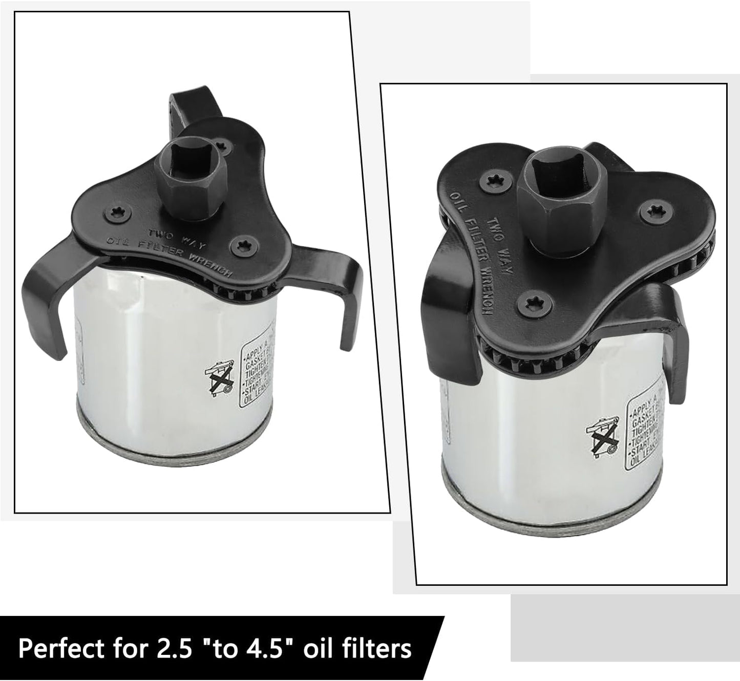 Universal Adjustable Oil Filter Wrench, Carbon Steel, Black, 1/2 & 3/8 Inch Square Drive Socket, 3-Jaw & 2-Way Design