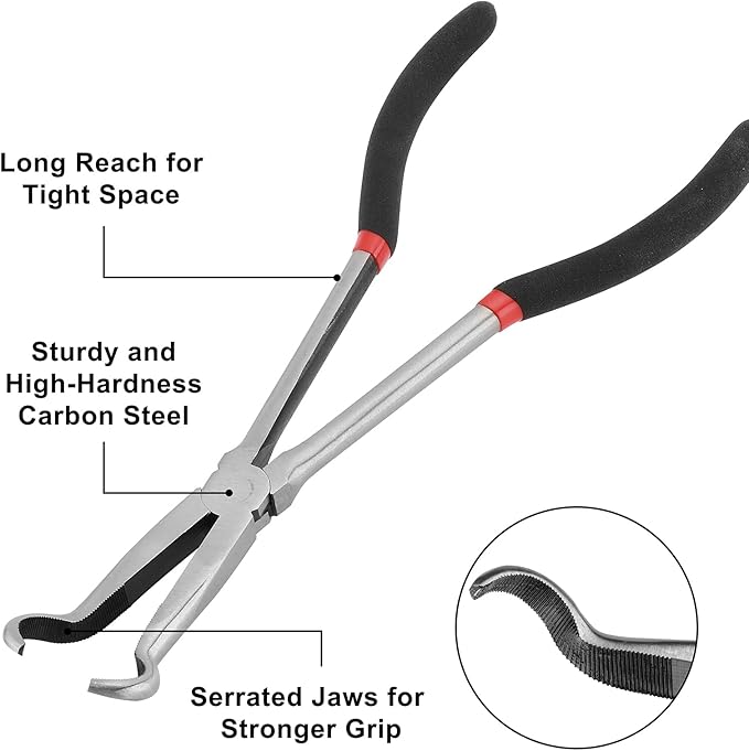Mayouko 3PCS 11" Long Reach Hose Grip Pliers Set, 5/16 Inch, 1/2 Inch, 3/4 Inch Ring Nose Hose Gripper Pliers Kit, Carbon Steel Offset Spark Plug Boot Removal Pliers for Narrow Space