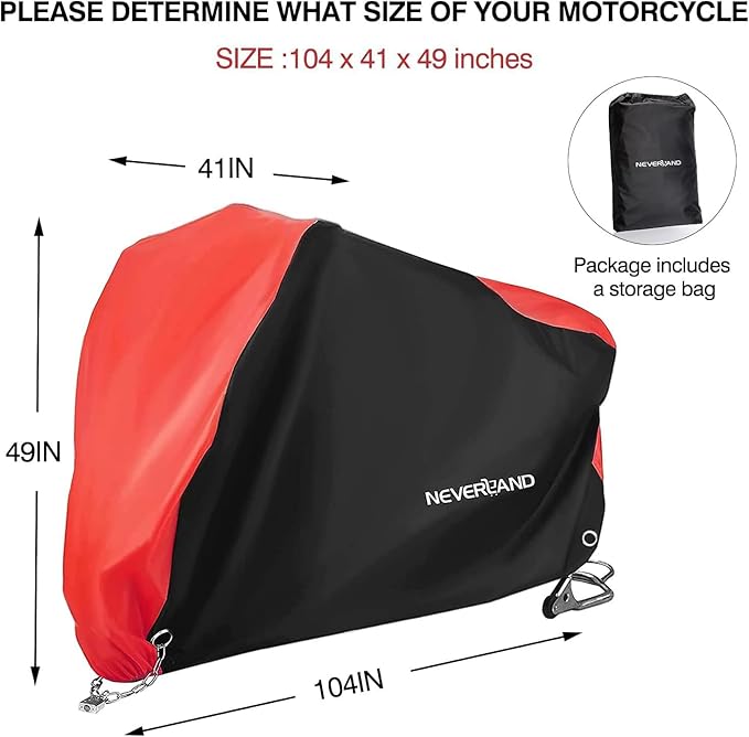 NEVERLAND Motorcycle Cover Waterproof Outdoor - Motorbike Scooter Covers Heavy Duty Medium with Lock-Holes, Bandage, Storage Bag Compatible with Harley Davidson Kawasaki Yamaha Honda Grom (Up to 104”)