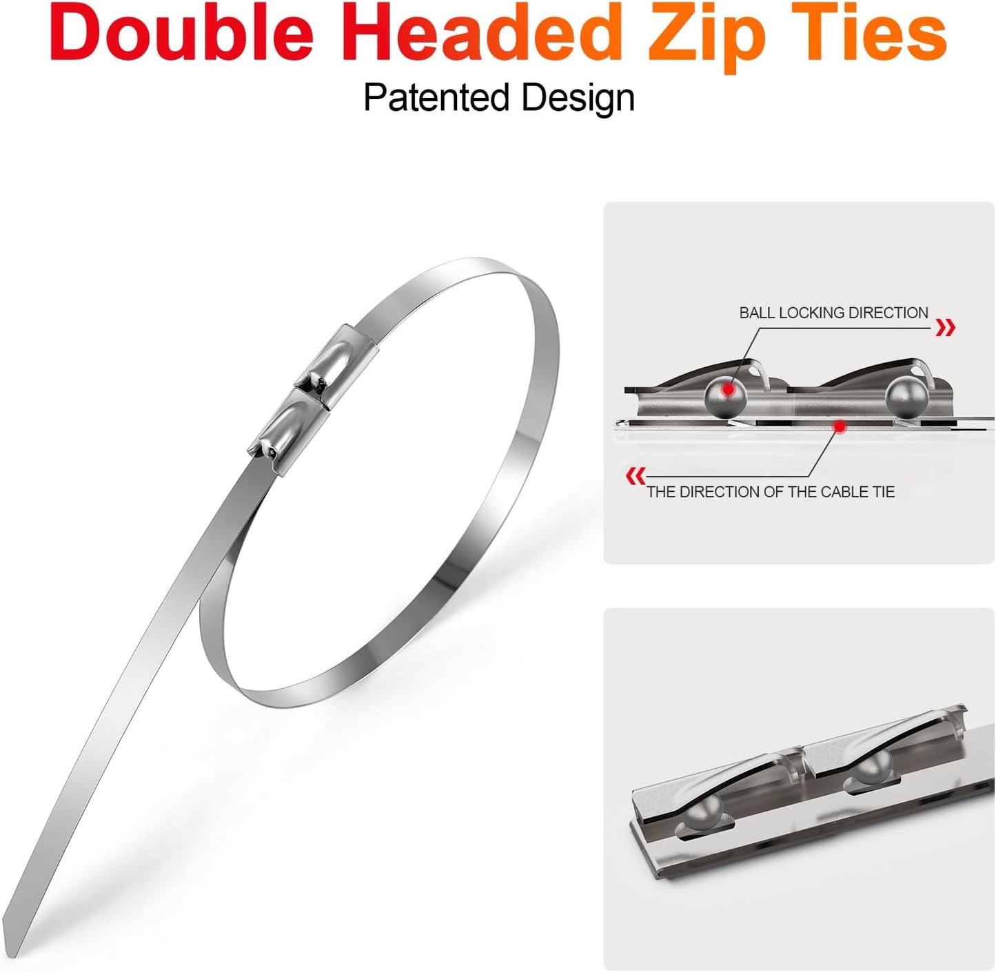 Metal Zip Ties (200PCS 11.8 Inch), 304 Stainless Steel, 300 LBS Heavy Duty Double Headed Self-locking Multi-Purpose Cable Ties for Exhaust Wrap, Chain Link Fence Parts, Machinery, Cables, Farms, Roofs